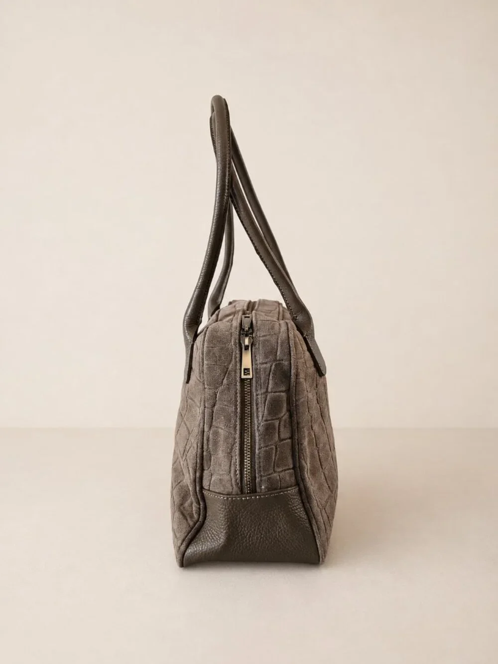 Taupe Italian Leather & Croc-Embossed Suede Shoulder Bag – Large Dome Handbag